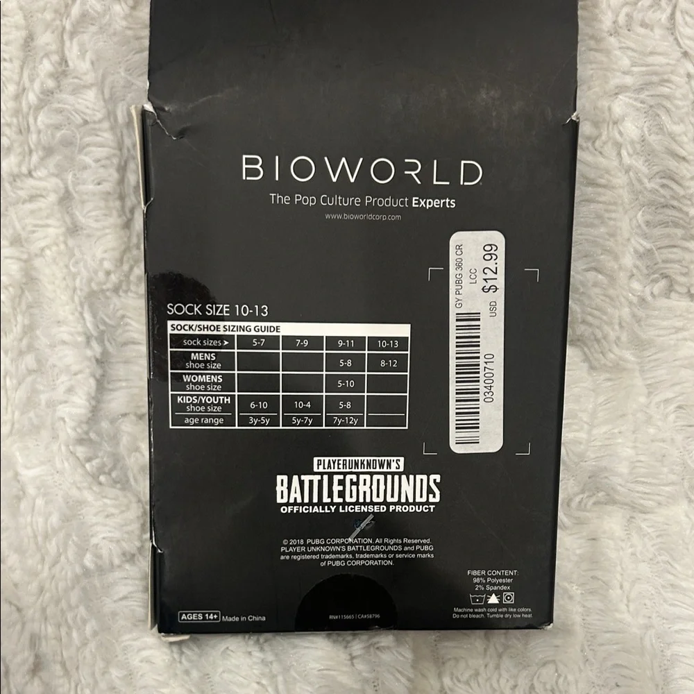 Spencer’s 1 pair of Bioworld PUBG character crew socks, size 10-13 new